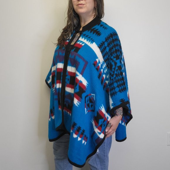 Made in Ecuador Southwestern Blanket Poncho Chief Joseph Super Soft Teal Blue - Picture 6 of 10